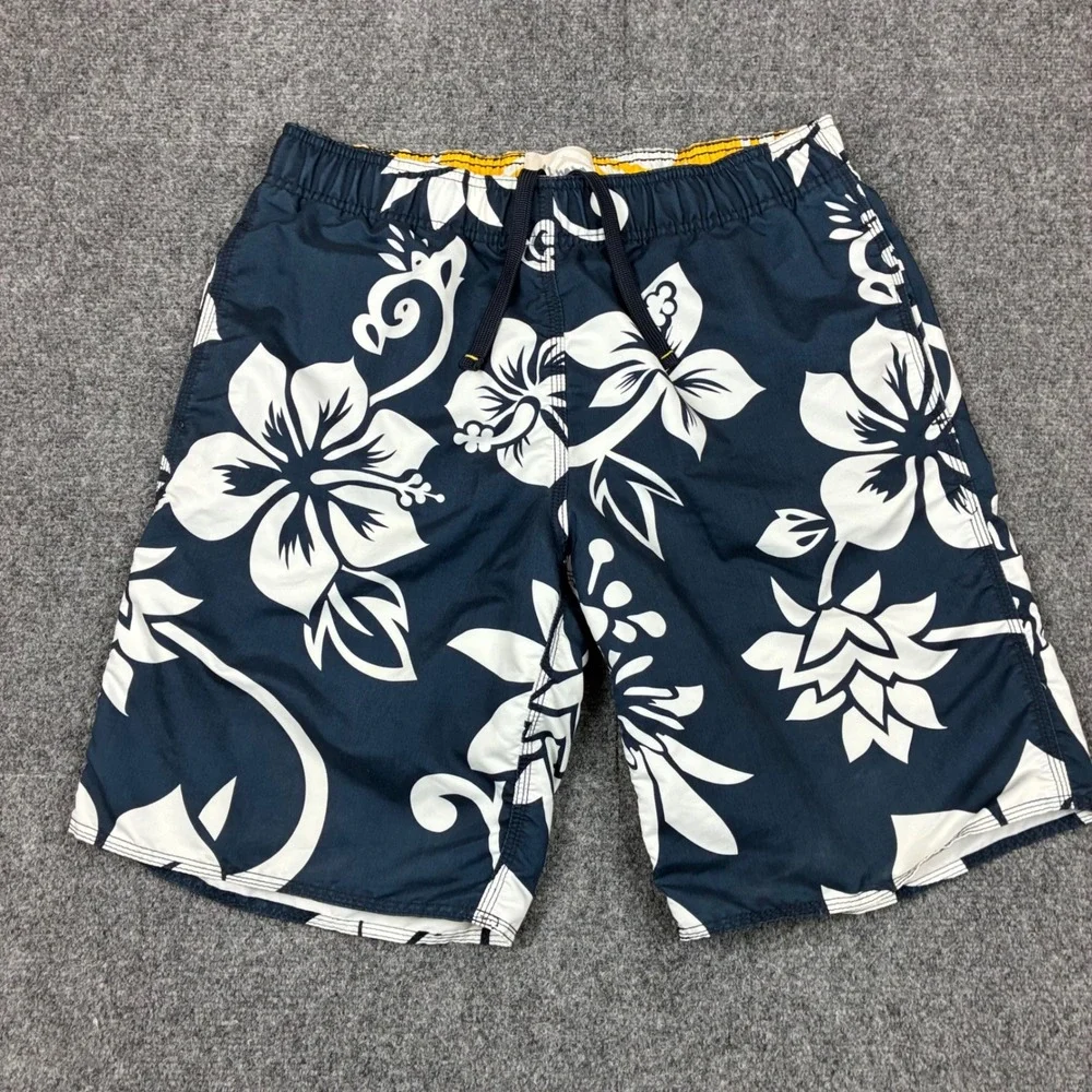 Old Navy Mens Size Medium Navy White Hibiscus Floral Board Shorts Swim Trunks